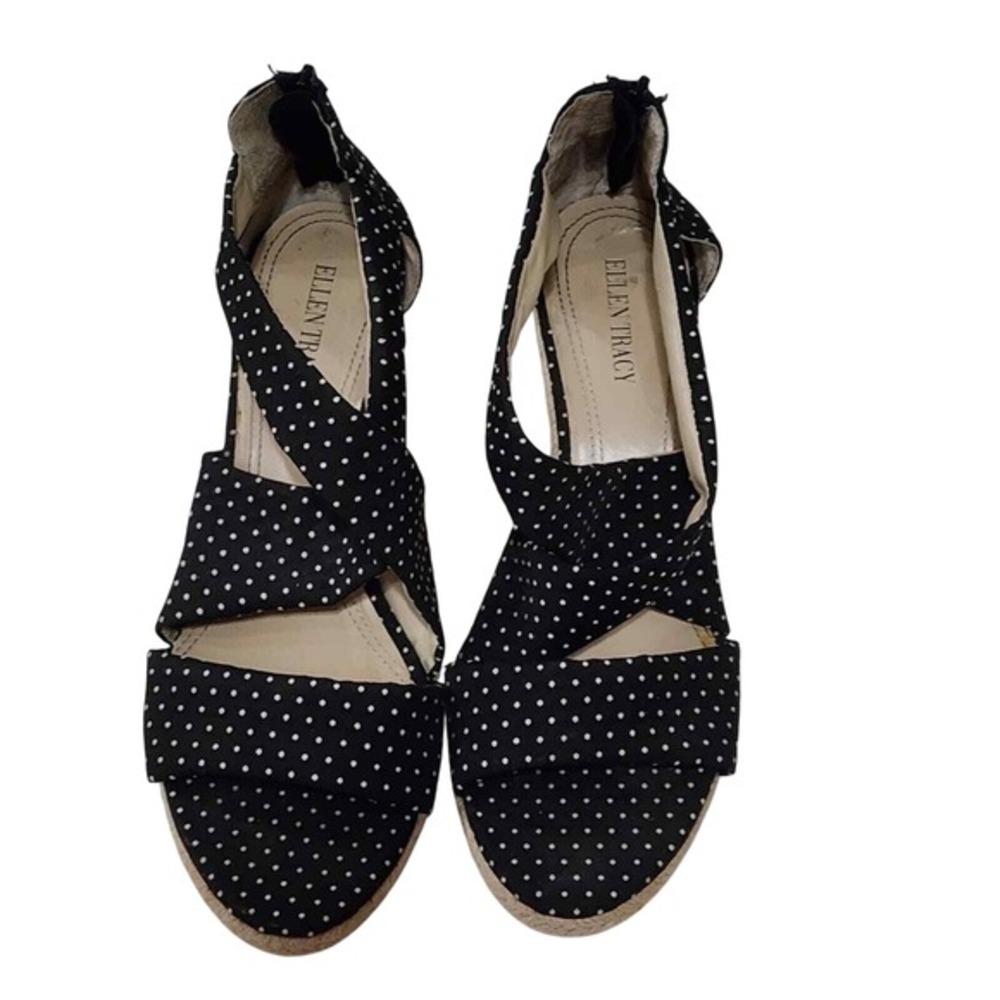 Ellen Tracy Black White Polka Dot Espadrille Platform Wedge Heel Sandals‎ 10